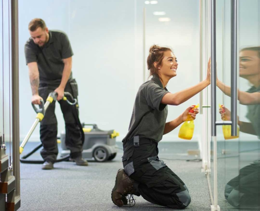 windows and floors being cleaned by commercial cleaning company