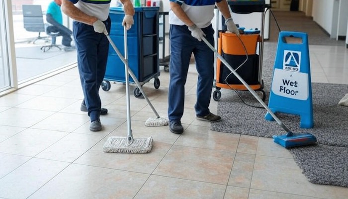 professional commercial business cleaning being performed in entryway