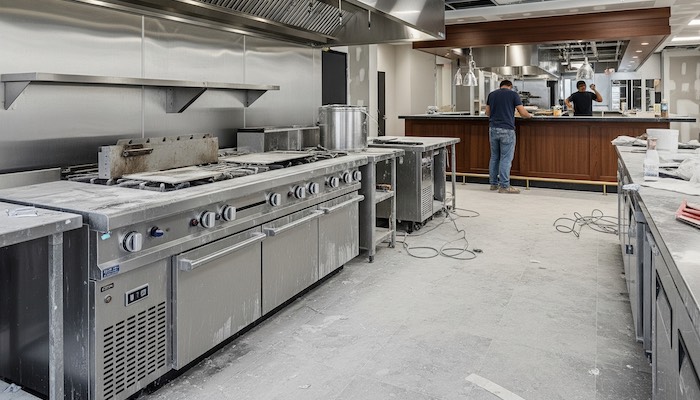 a very messy commercial kitchen under construction in Kitchener Waterloo