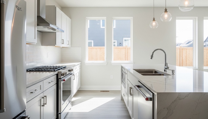 a residential development kitchen after post construction cleaning services