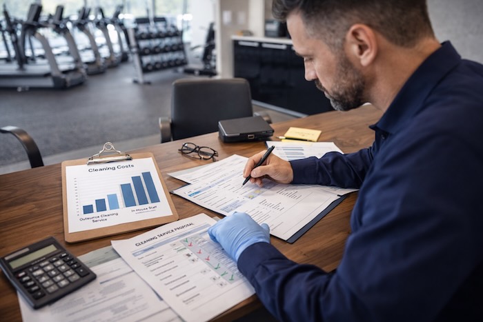 Business owner comparing commercial cleaning costs between in-house staff and outsourced cleaning services in Kitchener-Waterloo