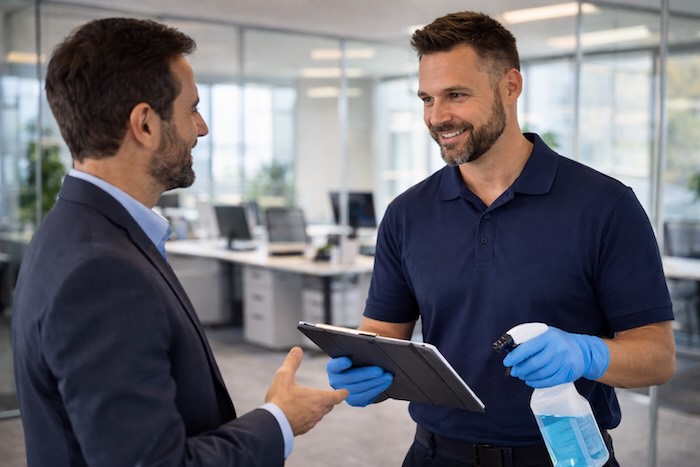 Commercial cleaning supervisor reviewing cleaning service with office manager