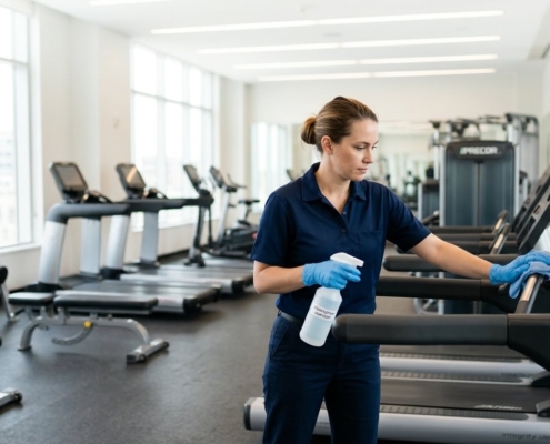 Professional cleaner disinfecting gym equipment in a Kitchener Waterloo fitness centre