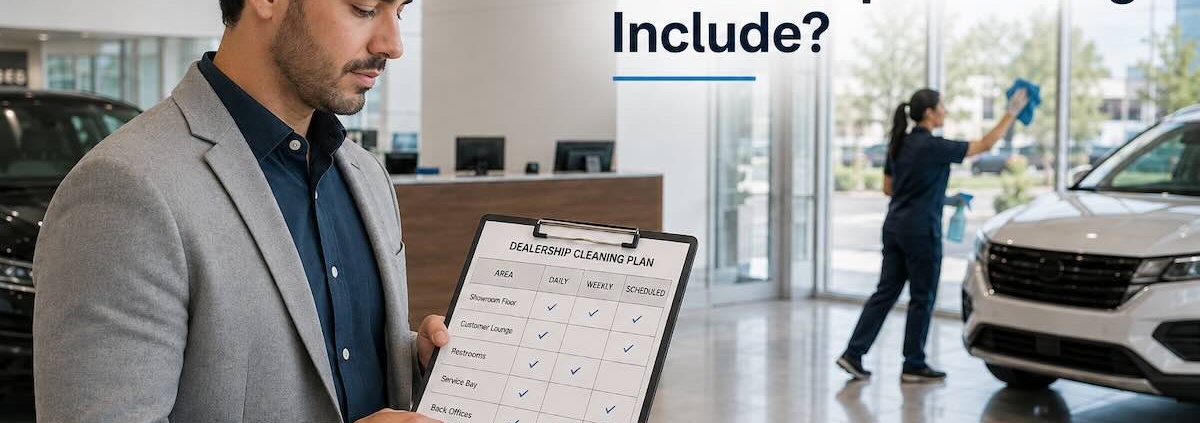 Dealership manager reviewing a professional auto dealership cleaning service plan in a clean showroom.