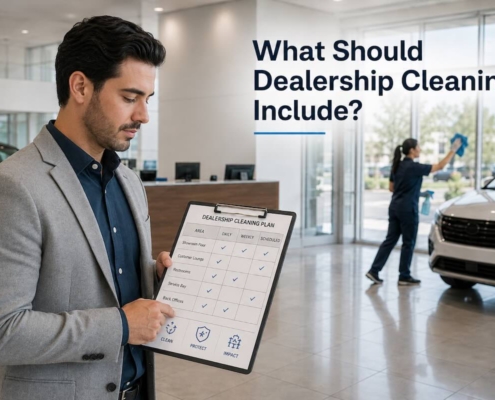 Dealership manager reviewing a professional auto dealership cleaning service plan in a clean showroom.