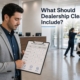 Dealership manager reviewing a professional auto dealership cleaning service plan in a clean showroom.