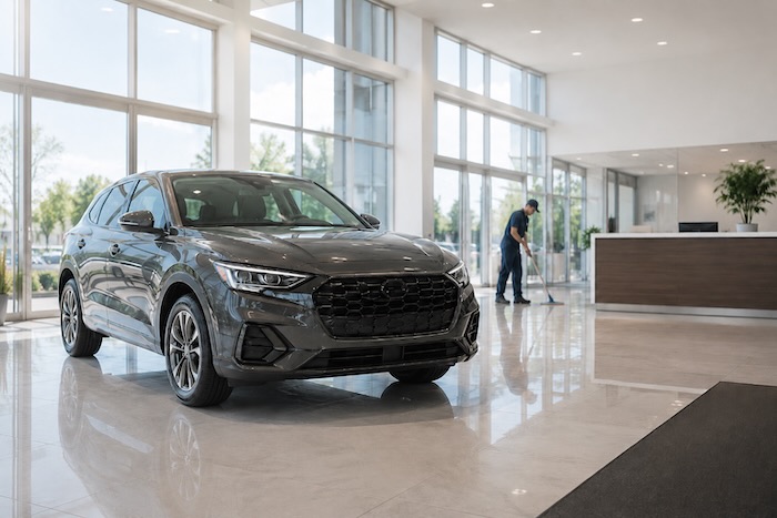 Clean modern auto dealership showroom with a polished display vehicle, spotless floors, and a professional cleaner maintaining the space.