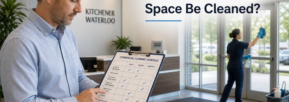 Facility manager reviewing a commercial cleaning schedule for a professional office cleaning plan in Kitchener-Waterloo.