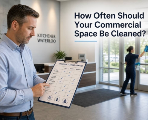 Facility manager reviewing a commercial cleaning schedule for a professional office cleaning plan in Kitchener-Waterloo.