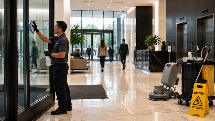 Day porter maintaining a busy commercial lobby while after-hours janitorial equipment is staged nearby