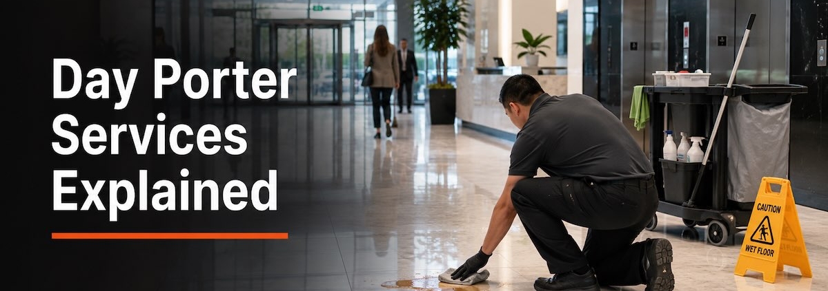 Day porter services guide showing an on-site attendant cleaning a lobby spill in a Kitchener commercial building