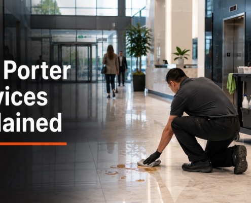 Day porter services guide showing an on-site attendant cleaning a lobby spill in a Kitchener commercial building