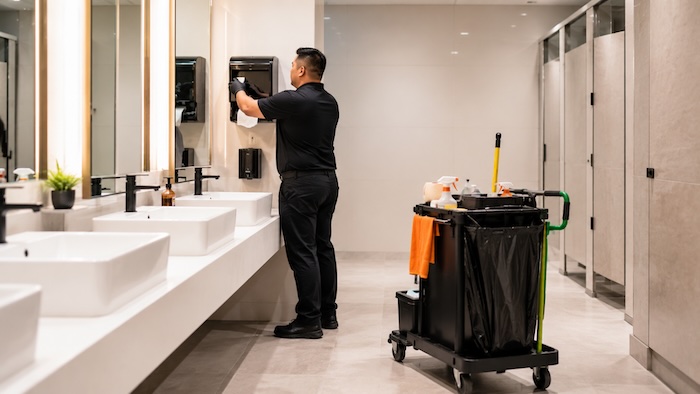 On-site cleaning attendant restocking washroom supplies during business hours in a commercial building