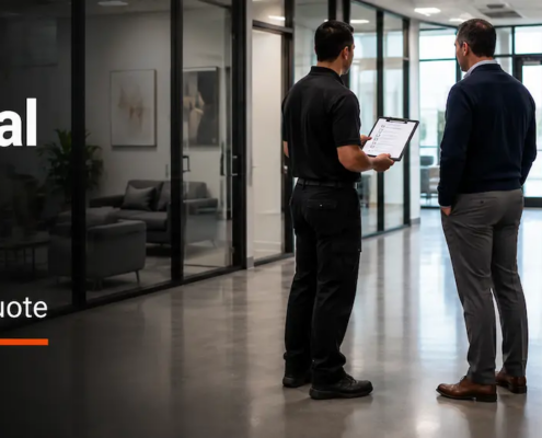 Commercial cleaning pricing consultation during a site walkthrough in a Kitchener-Waterloo office building