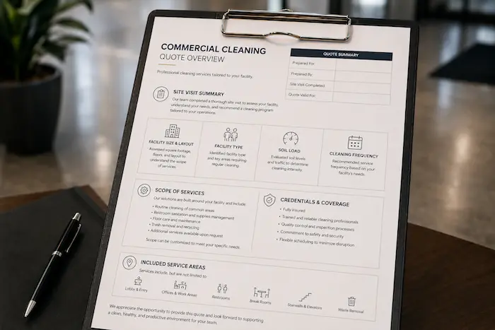 Commercial cleaning quote overview on a clipboard showing site visit summary, service scope, and facility details