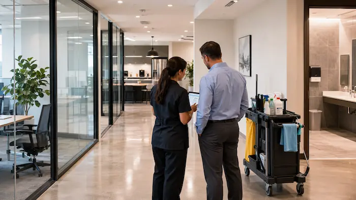 Facility manager and cleaner reviewing a commercial cleaning quote during an office walkthrough in Kitchener-Waterloo