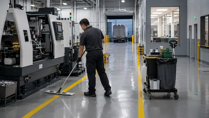 Cleaner mopping a factory floor beside machinery and a supply cart in an industrial facility
