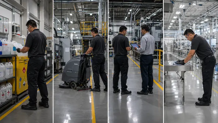 Four industrial cleaning tasks showing hazard checks, floor care, production coordination, and surface cleaning