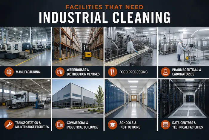 Industrial facility cleaning examples for manufacturing, warehouses, food processing, and laboratories