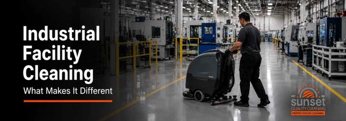 Industrial facility cleaning in a Kitchener manufacturing facility with floor scrubber and safety-marked production area