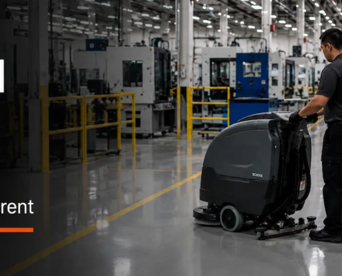 Industrial facility cleaning in a Kitchener manufacturing facility with floor scrubber and safety-marked production area